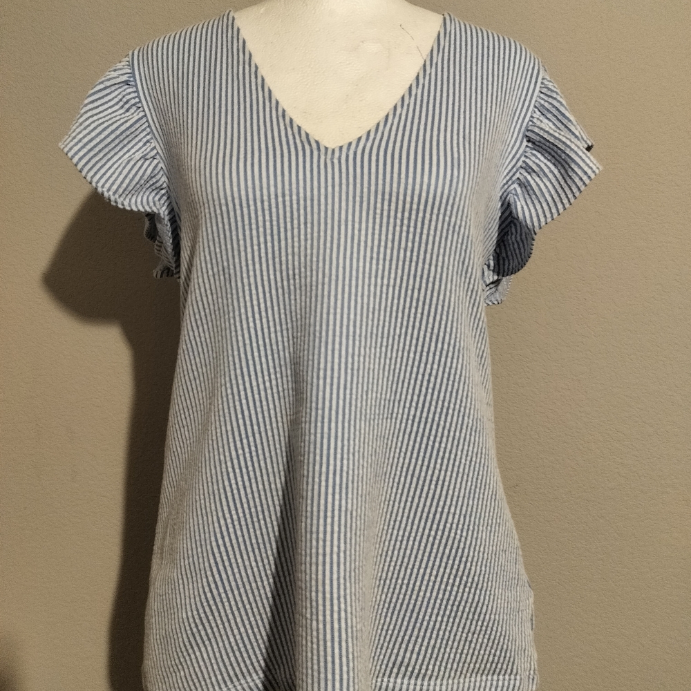 Michael Kors Blue & White Striped Short Sleeved Shirt (Size M)